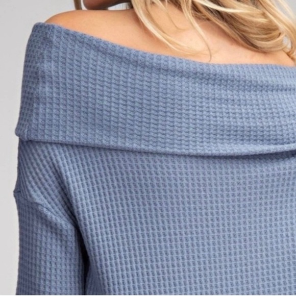 Waffle Knit Off Shoulder Top Blue Denim Sweater - Picture 6 of 8